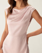Pink Satin Boat Neck Slit Sleeveless Midi Dress