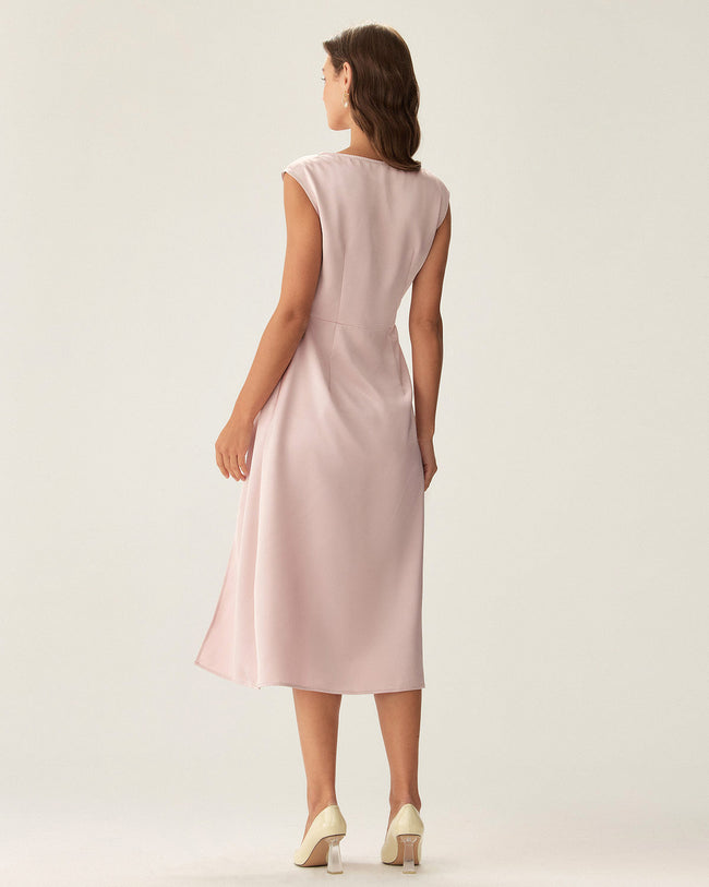 Pink Satin Boat Neck Slit Sleeveless Midi Dress