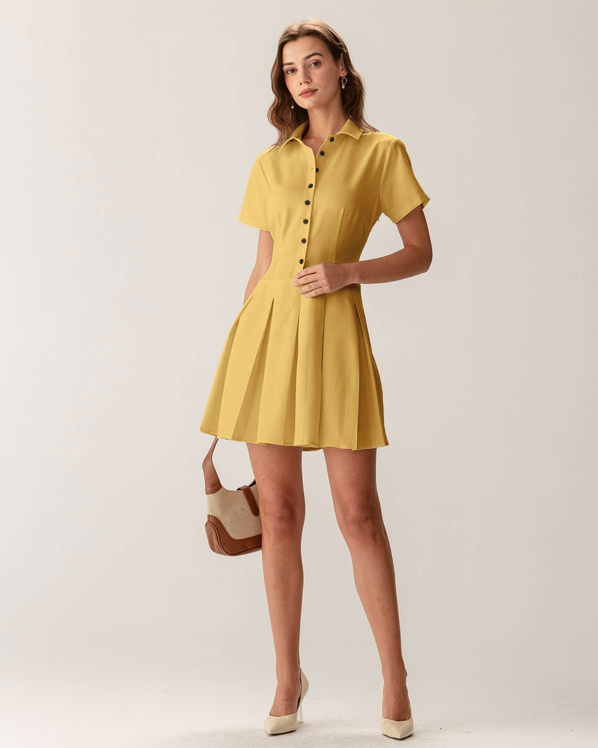 Yellow Button Pleated Mini Dress