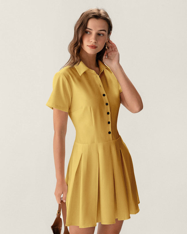 Yellow Button Pleated Mini Dress