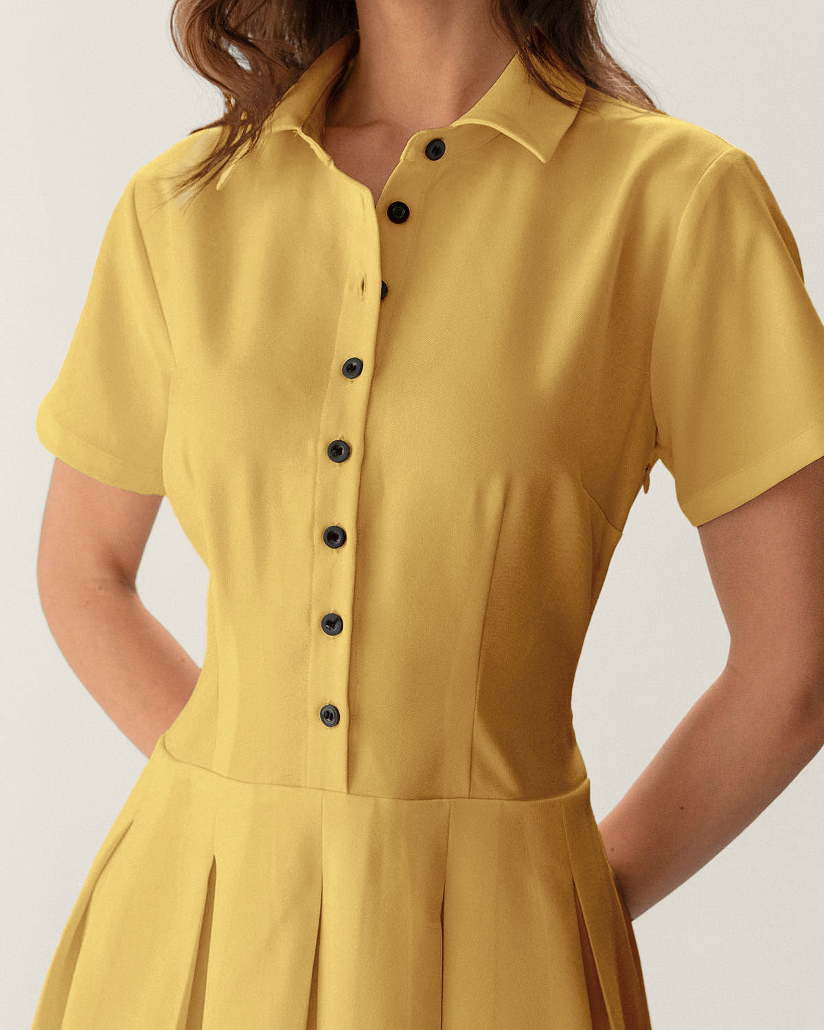 Yellow Button Pleated Mini Dress