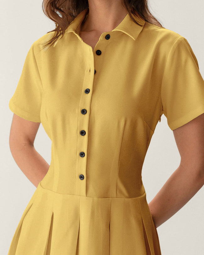 Yellow Button Pleated Mini Dress