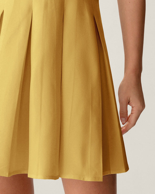 Yellow Button Pleated Mini Dress