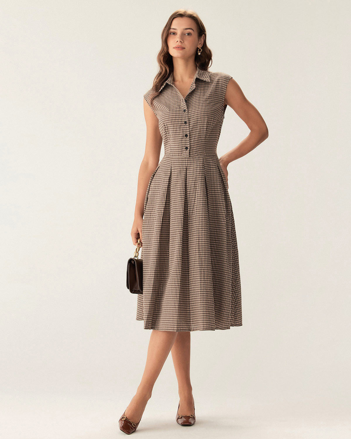 Brown Plaid Button Pleated Midi Dress Brown Plaid Button Pleated Midi Dress