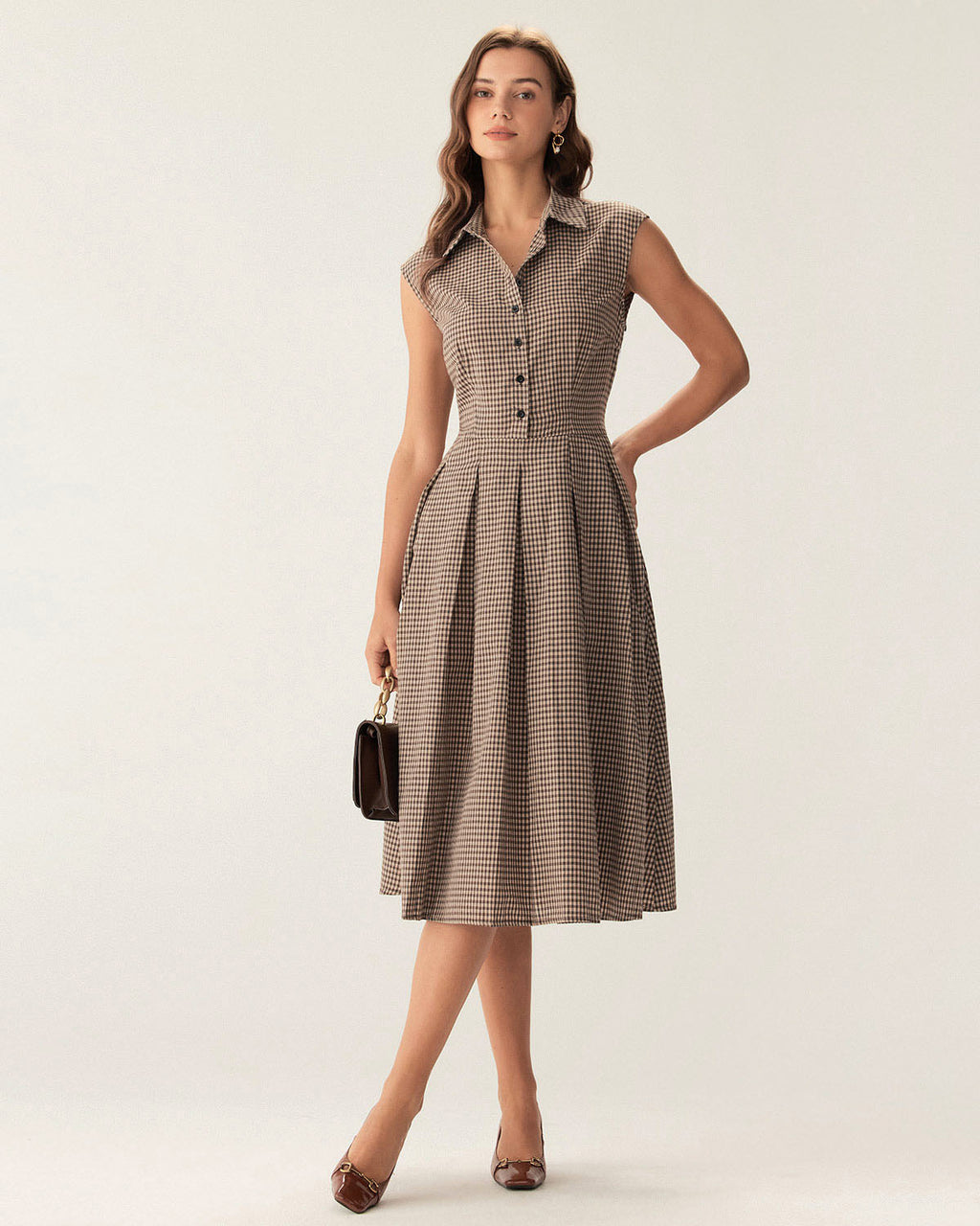 Brown Plaid Button Pleated Midi Dress
