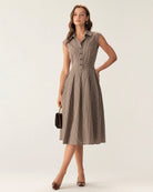 Brown Plaid Button Pleated Midi Dress