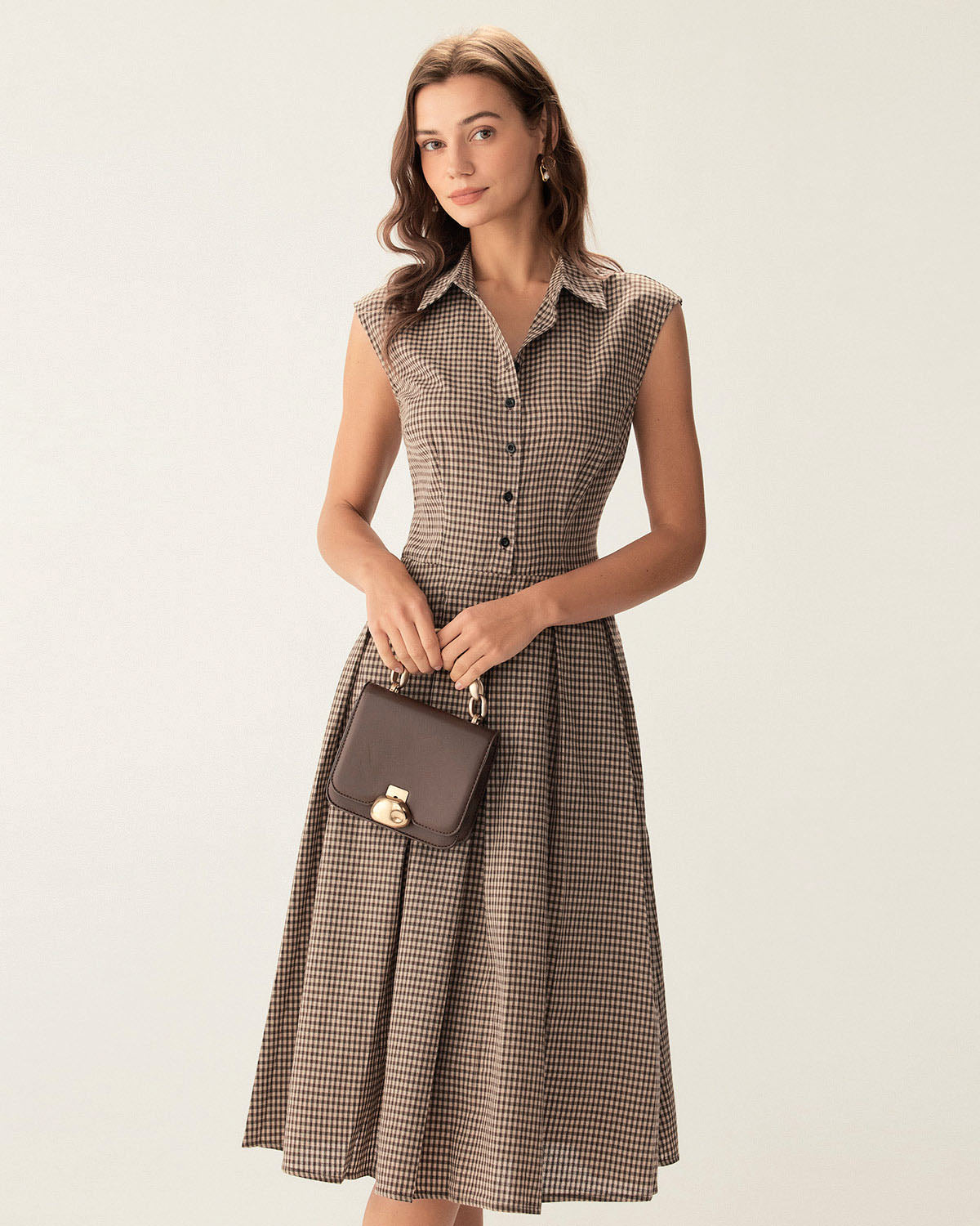 Rihoas Collared Cap Sleeve Gingham Cotton Button Front Pleated A Line Midi Dress, Brown / S