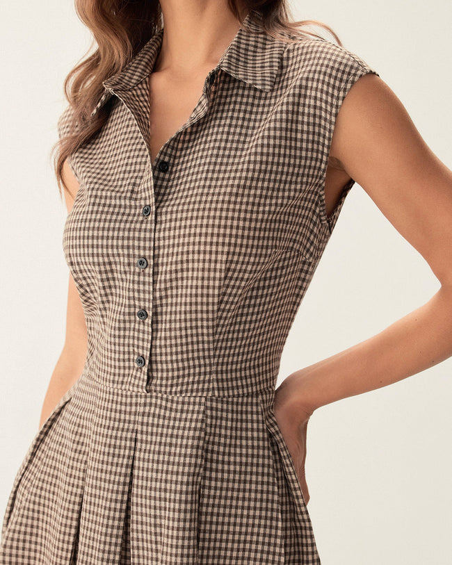 Brown Plaid Button Pleated Midi Dress