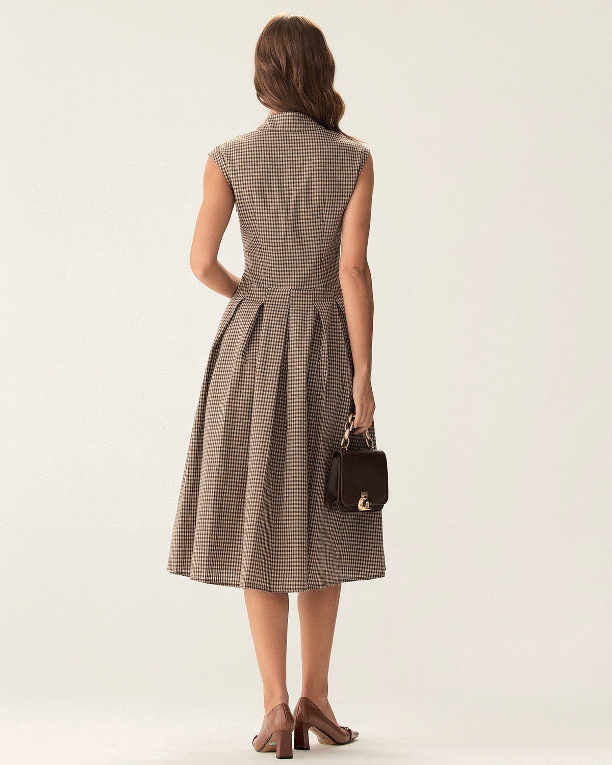 brown plaid button pleated midi dress Brown Plaid Button Pleated Midi Dress & Reviews - Brown - Dresses