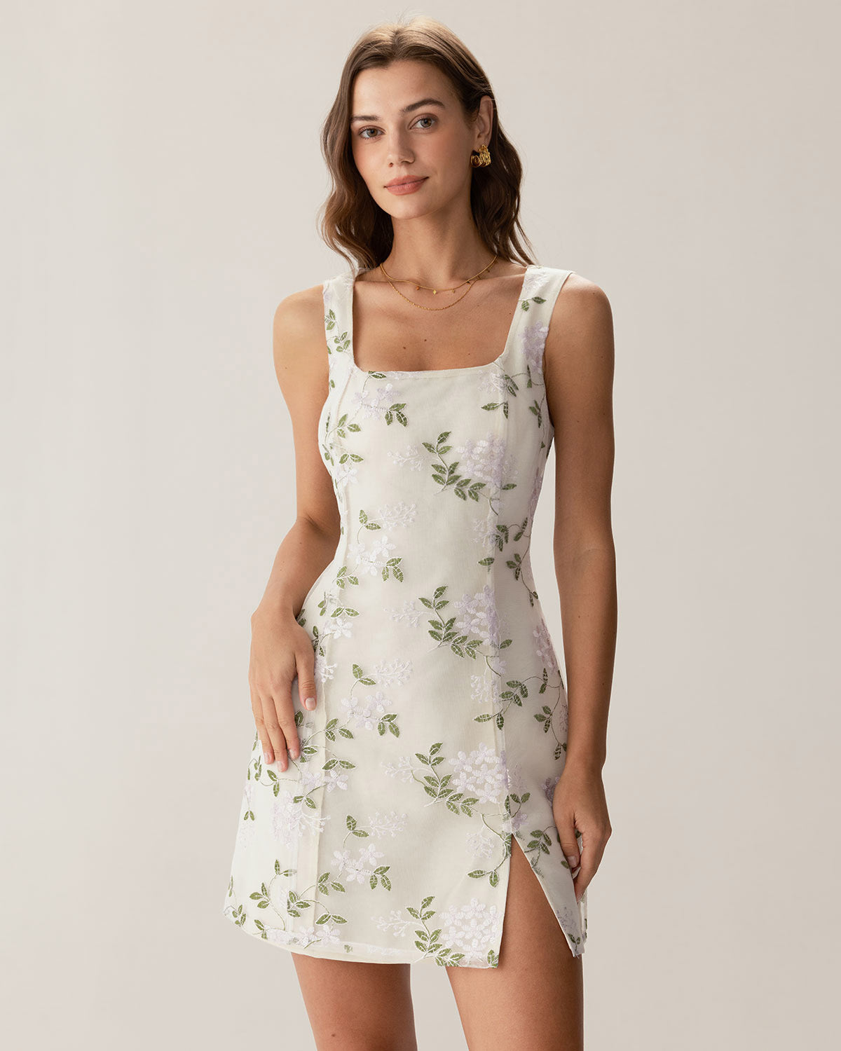 Beige Square Neck Embroidery Slit Slip Mini Dress