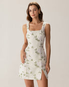Beige Square Neck Embroidery Slit Slip Mini Dress