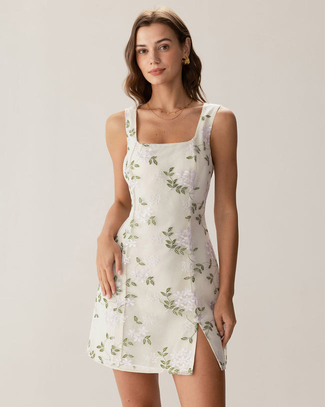 Beige Square Neck Embroidery Slit Slip Mini Dress