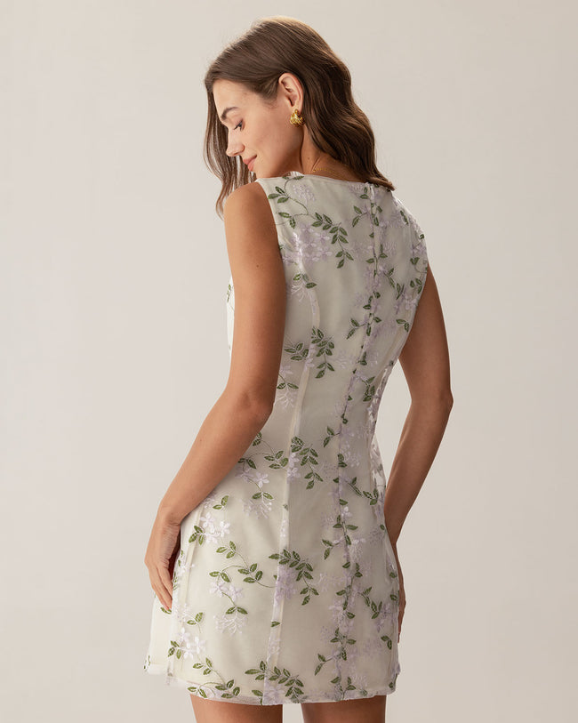 Beige Square Neck Embroidery Slit Slip Mini Dress