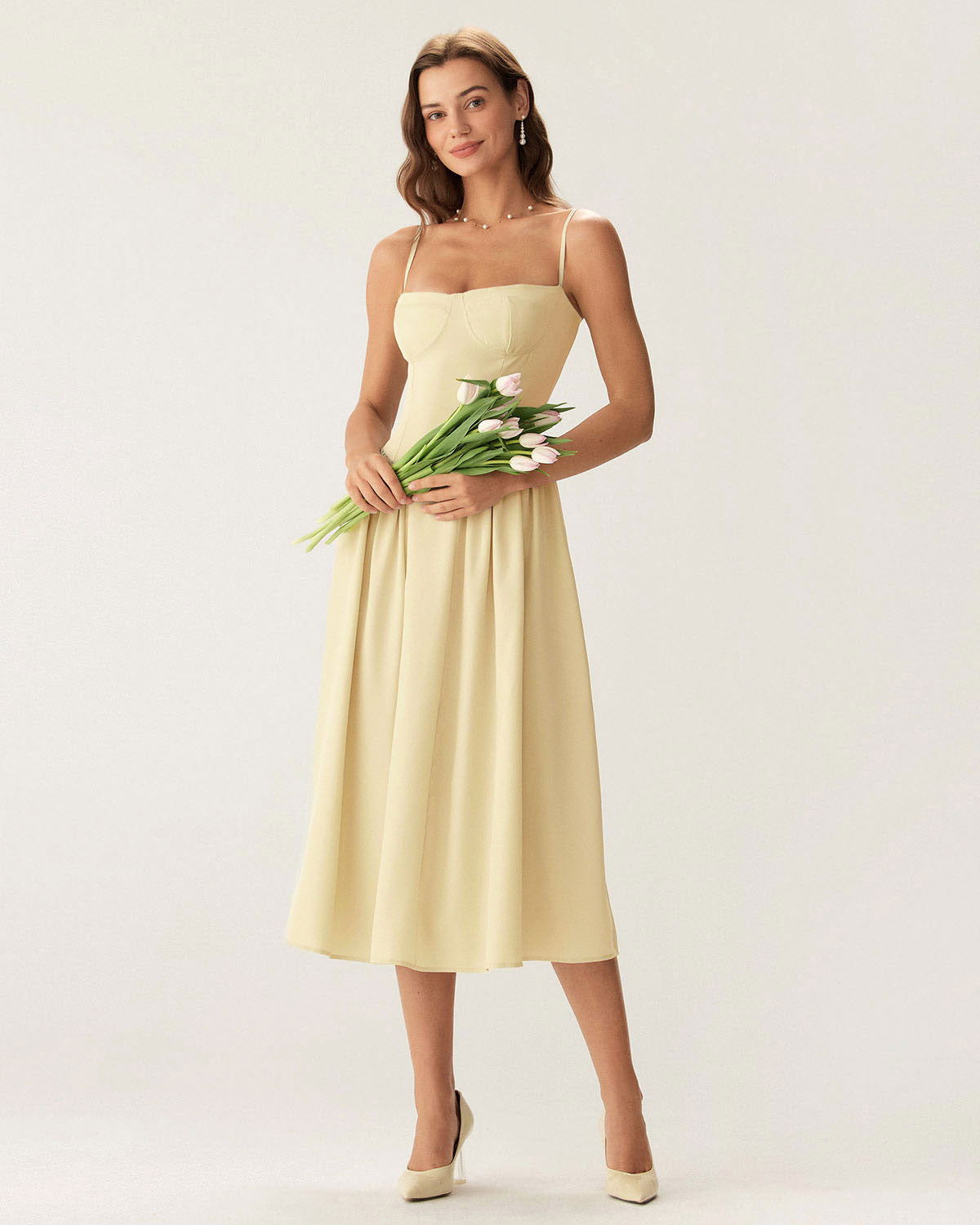 Yellow Square Neck Pocket Slip Midi Dress Yellow Square Neck Pocket Slip Midi Dress