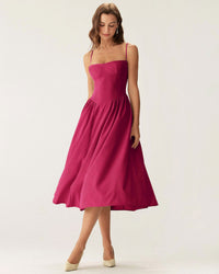 Wine Red Square Neck Pocket Slip Midi Dress