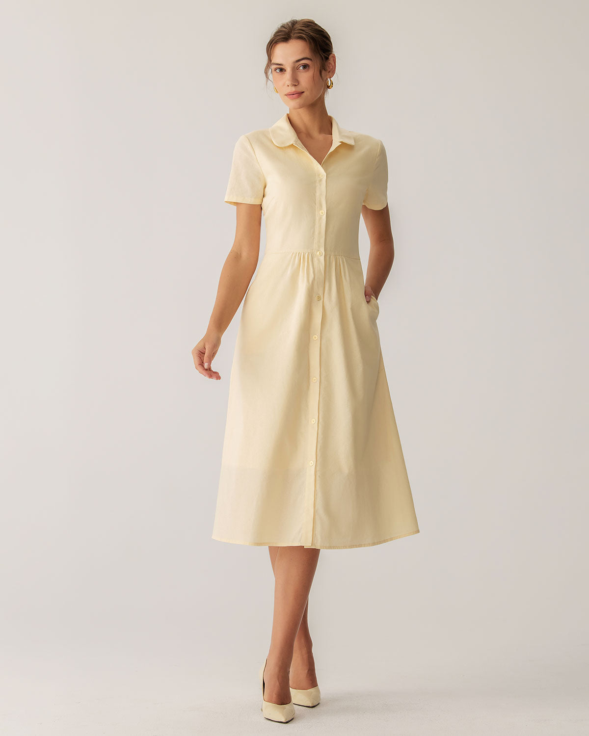 Yellow Button Short Sleeve Midi Dress