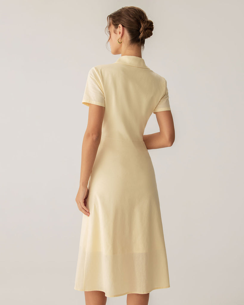 Yellow Button Short Sleeve Midi Dress