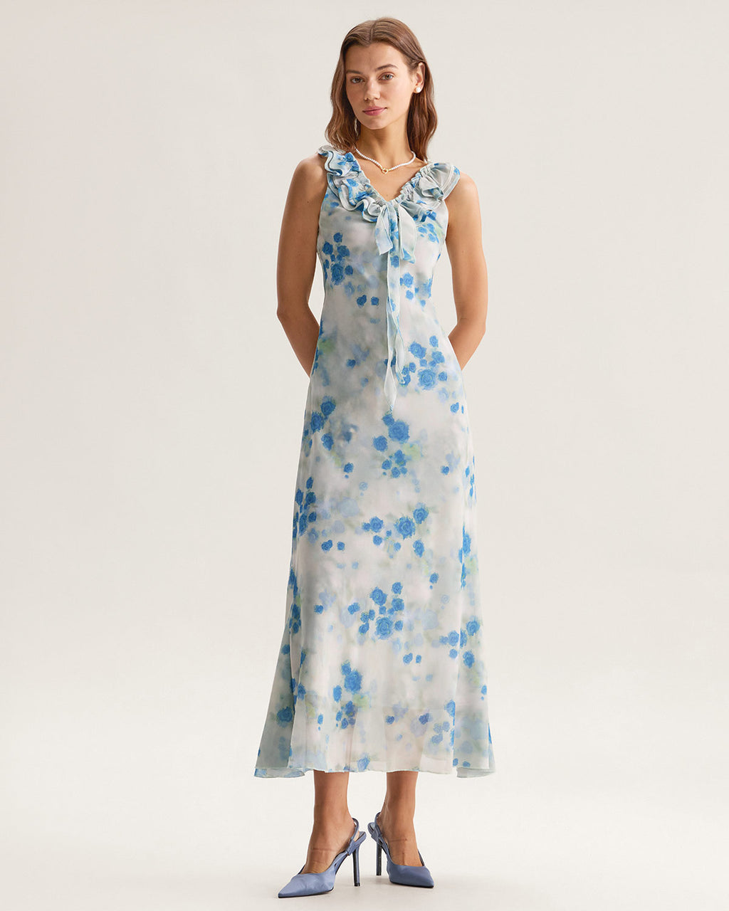 Blue Floral Ruffle Sleeveless Midi Dress