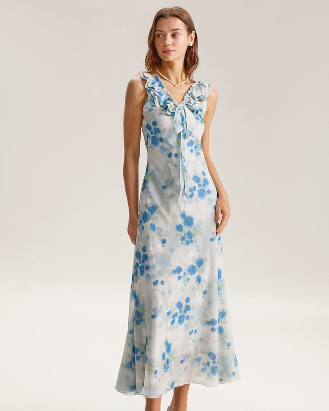 Blue Floral Ruffle Sleeveless Midi Dress