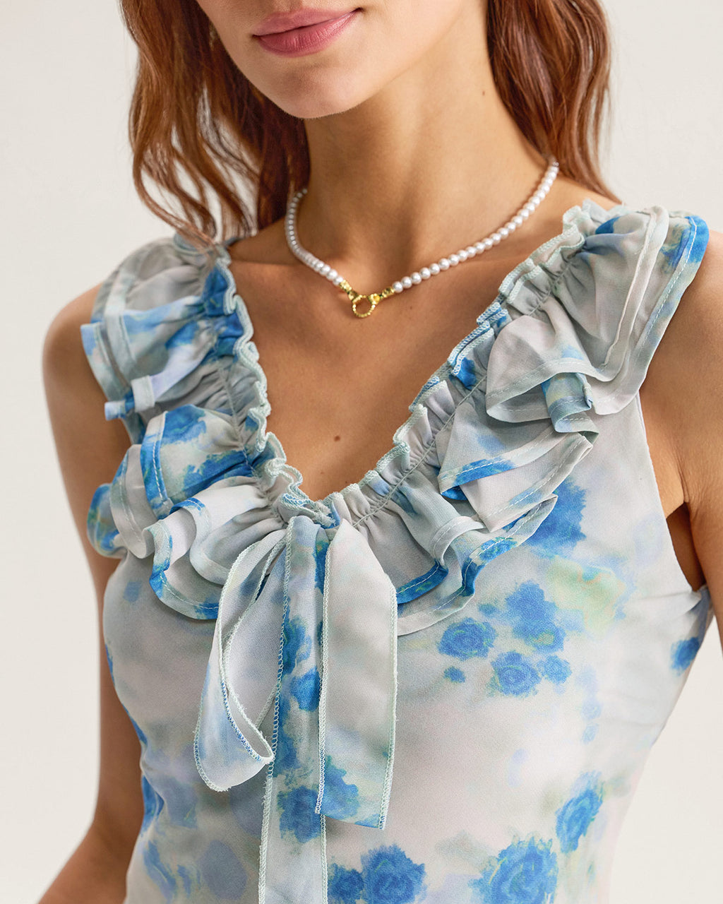 Blue Floral Ruffle Sleeveless Midi Dress