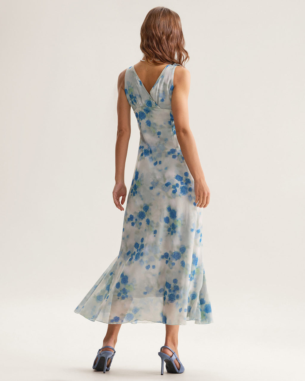 Blue Floral Ruffle Sleeveless Midi Dress