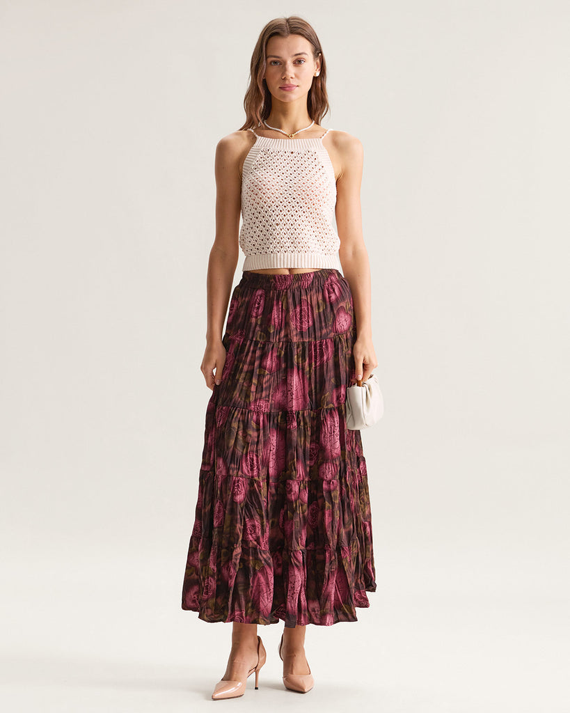 Pink Floral Elastic Waist Pleated Midi Skirt