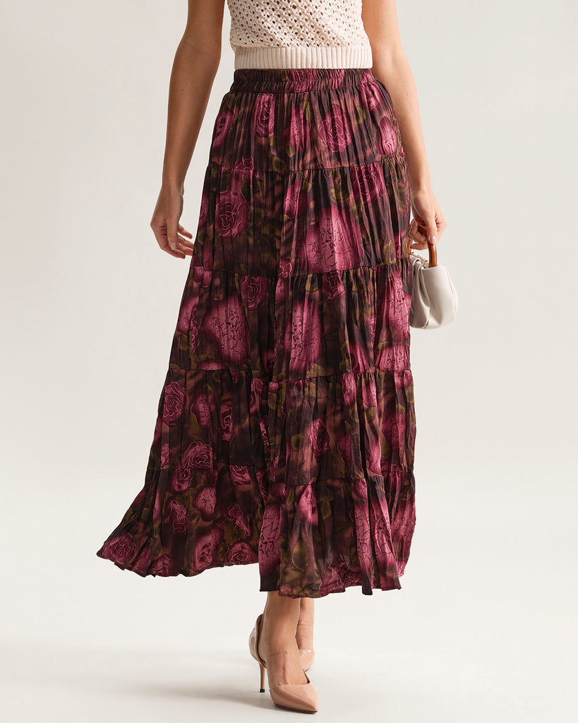 Pink Floral Elastic Waist Pleated Midi Skirt