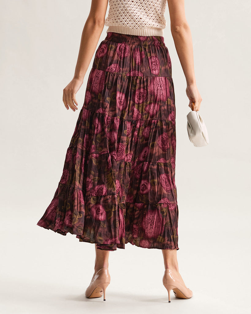 Pink Floral Elastic Waist Pleated Midi Skirt