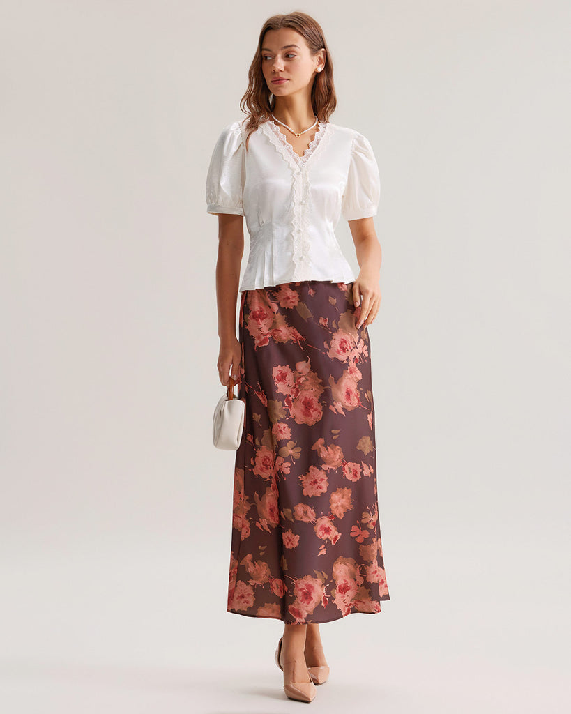 Brown Floral Straight Midi Skirt
