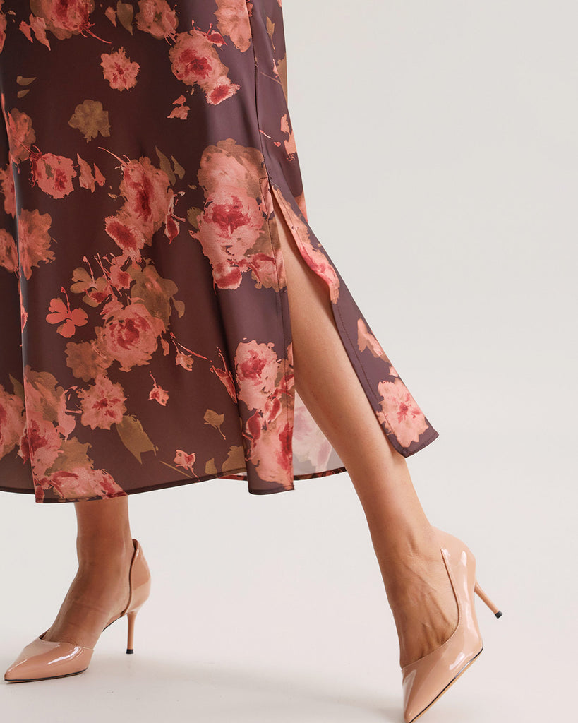 Brown Floral Straight Midi Skirt