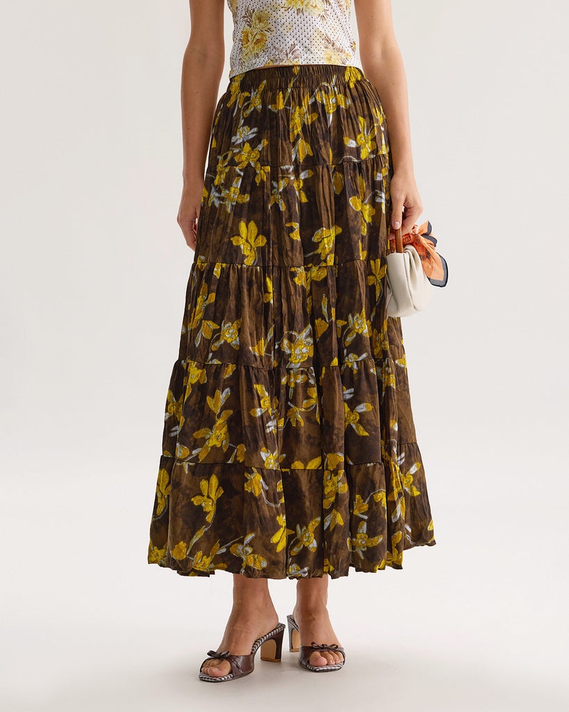 Yellow Floral Elastic Waist Midi Skirt