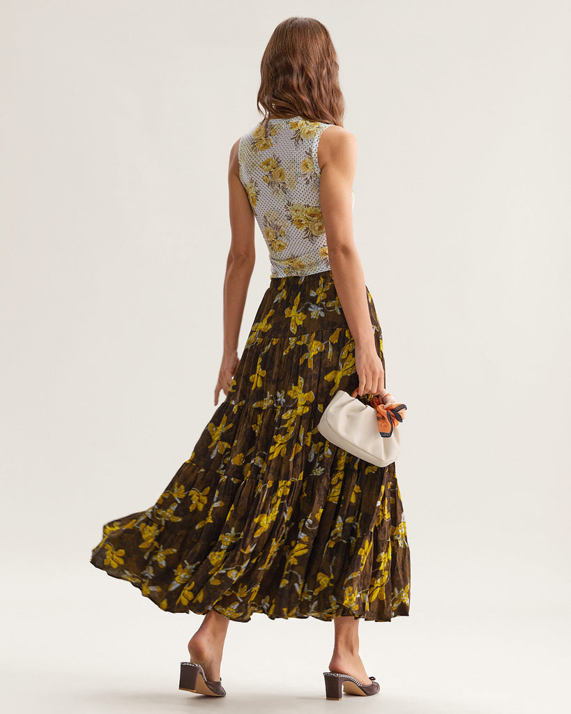 Yellow Floral Round Neck Tank Top