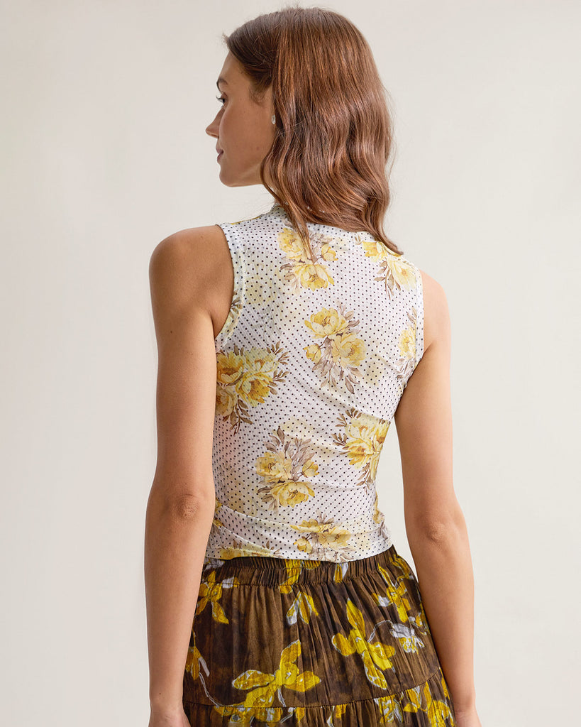 Yellow Floral Round Neck Tank Top