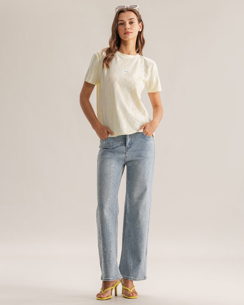 Yellow Lace Textured Round Neck Tee
