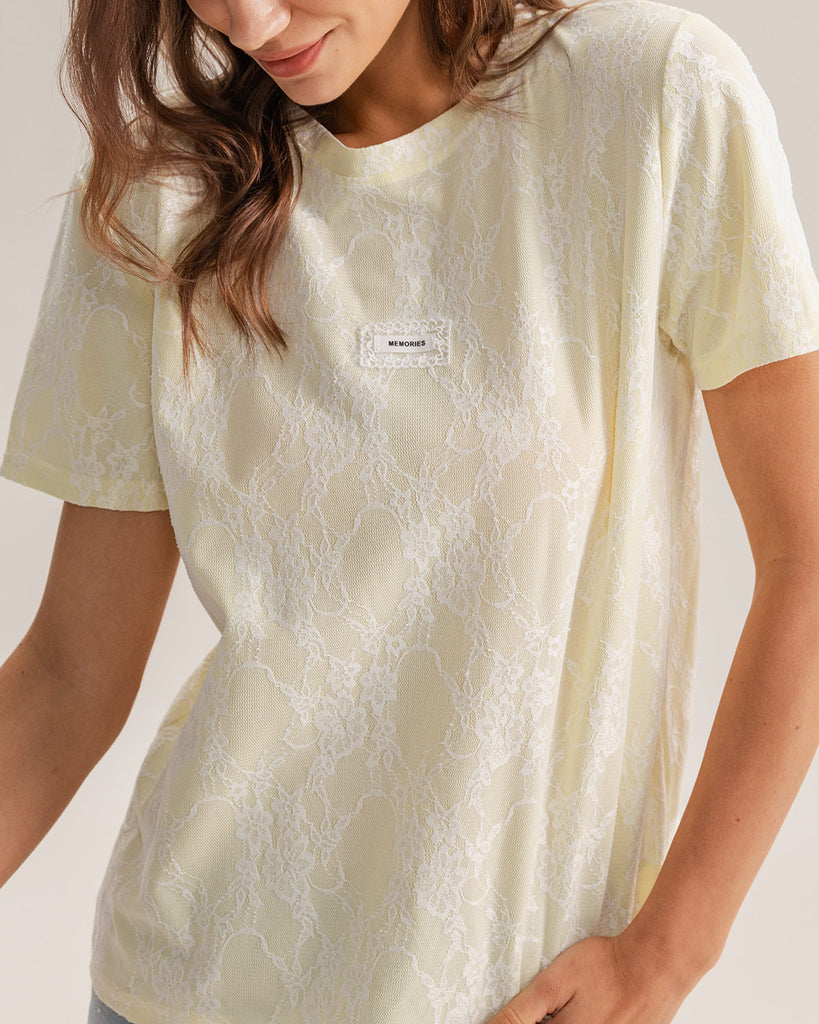 Yellow Lace Textured Round Neck Tee