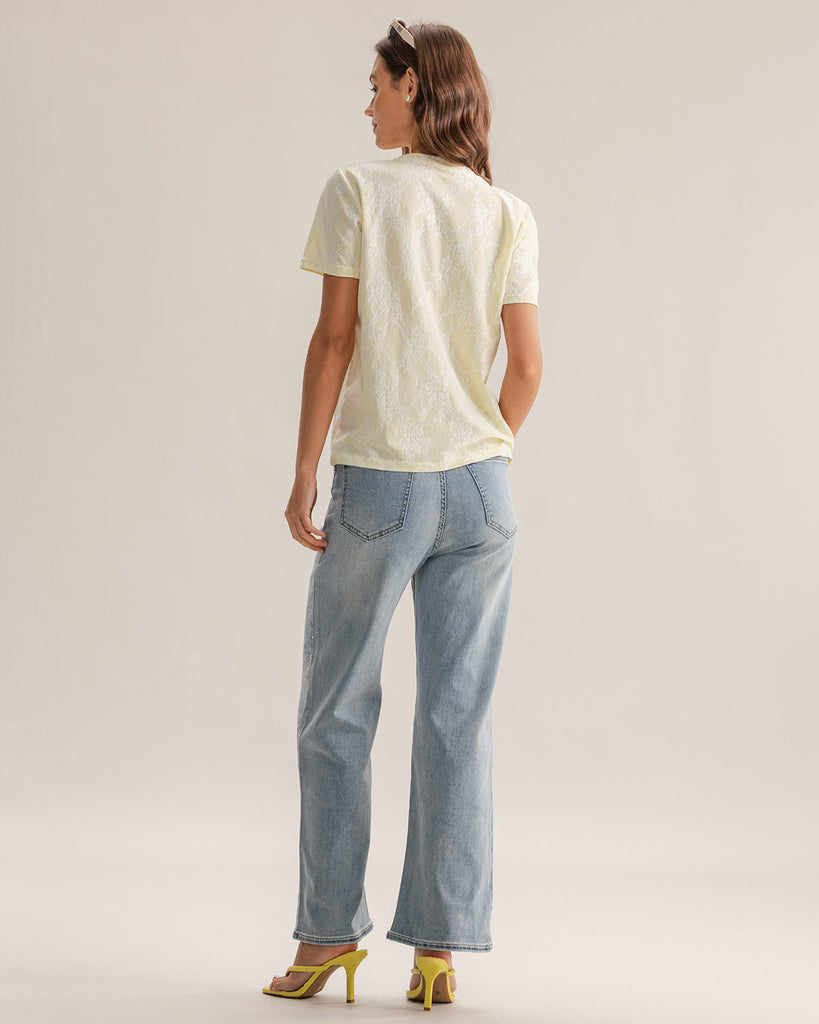 Yellow Lace Textured Round Neck Tee