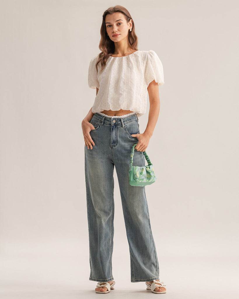 Beige Round Neck Puffed Sleeve Tee