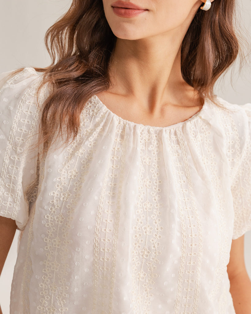 Beige Round Neck Puffed Sleeve Tee