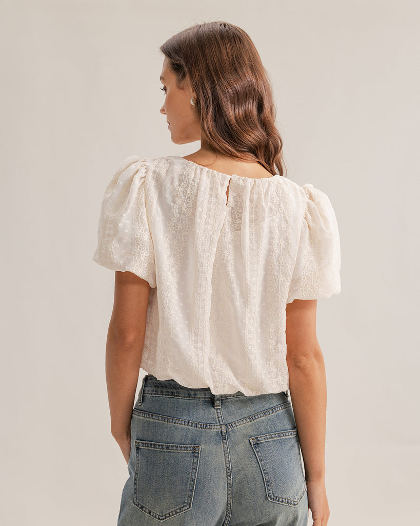 Beige Round Neck Puffed Sleeve Tee