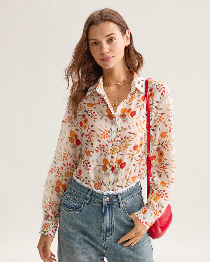 Orange Floral Pocket Loose Shirt