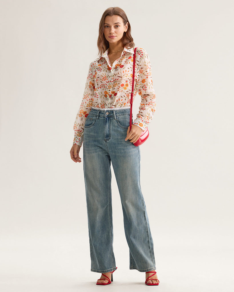 Orange Floral Pocket Loose Shirt