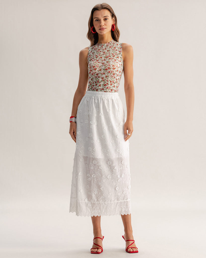 White Textured Elastic Waist Midi Skirt