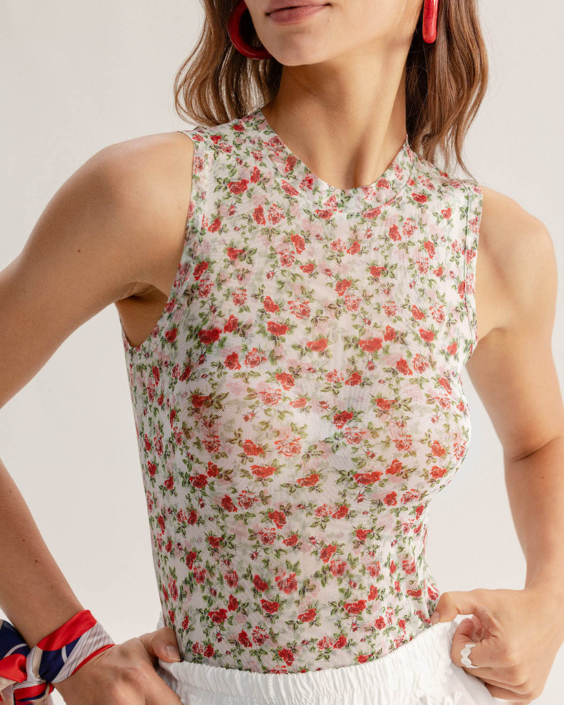 Red Floral Round Neck Tank Top