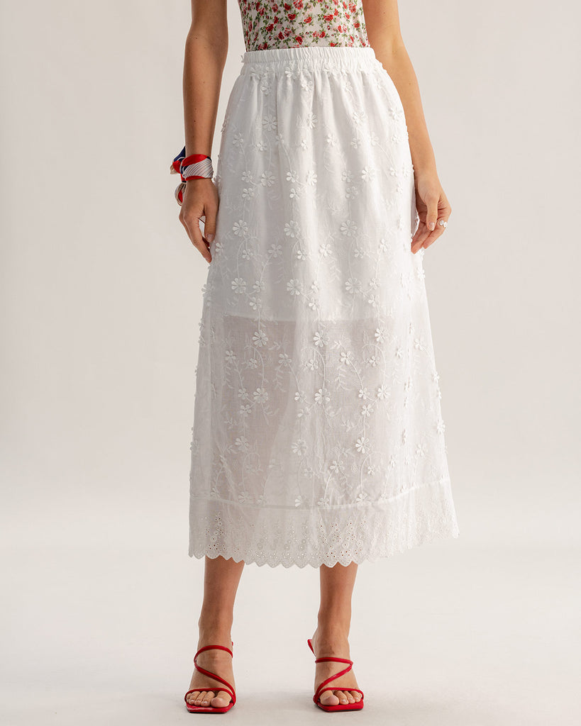 White Textured Elastic Waist Midi Skirt