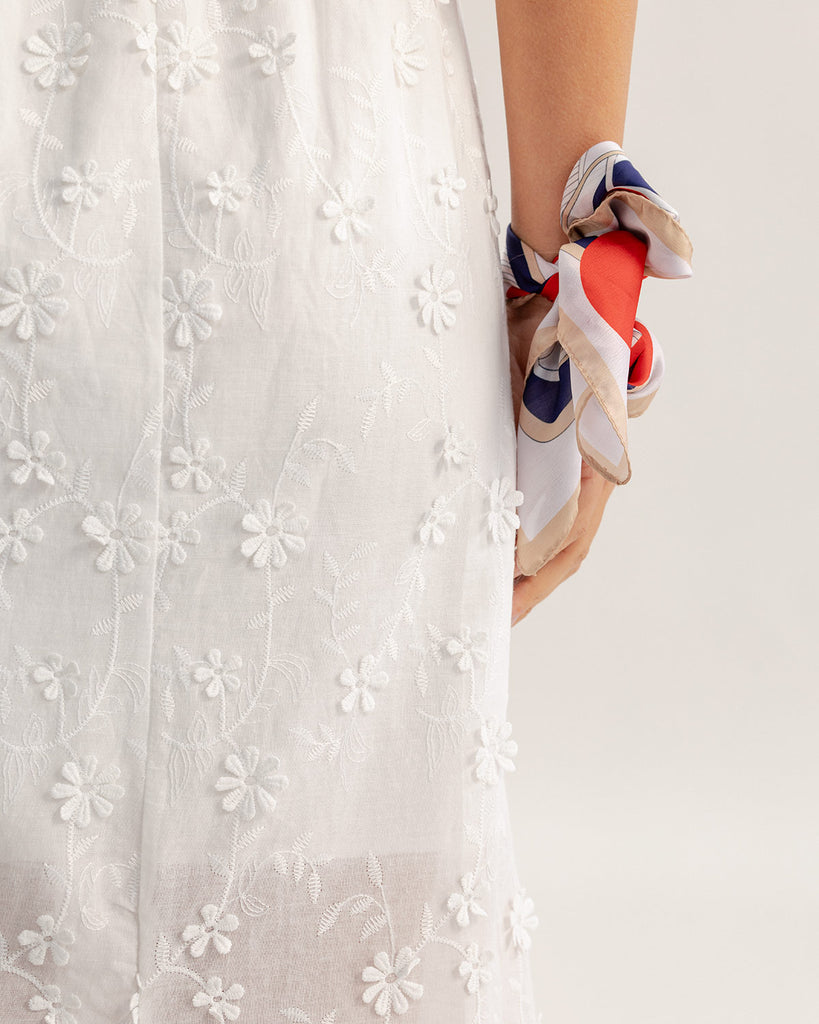 White Textured Elastic Waist Midi Skirt