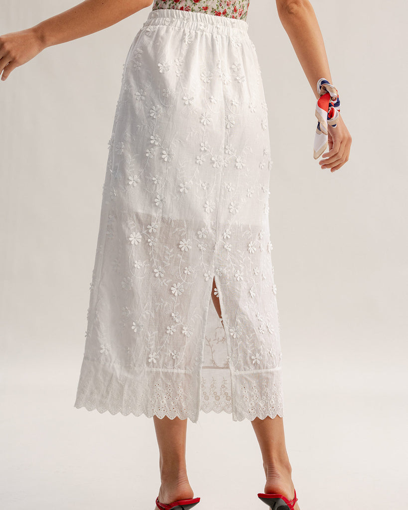 White Textured Elastic Waist Midi Skirt
