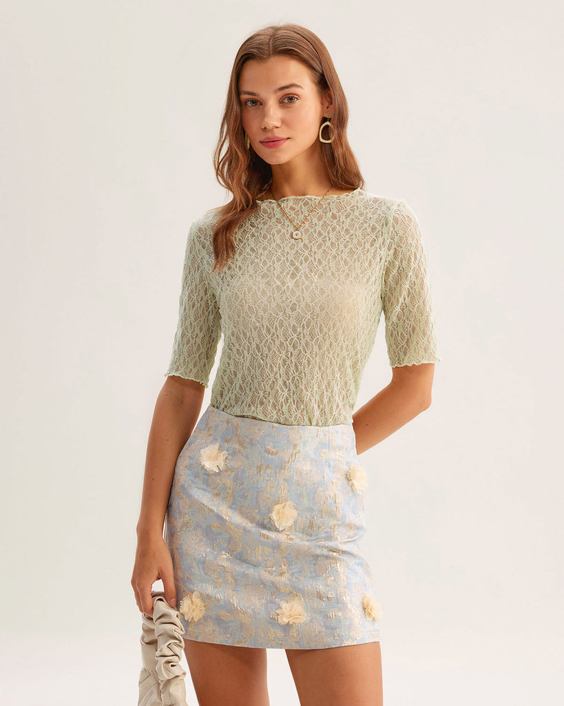 Green Round Neck Textured Half Sleeve Tee