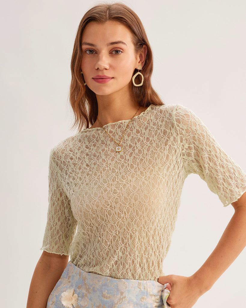 Green Round Neck Textured Half Sleeve Tee
