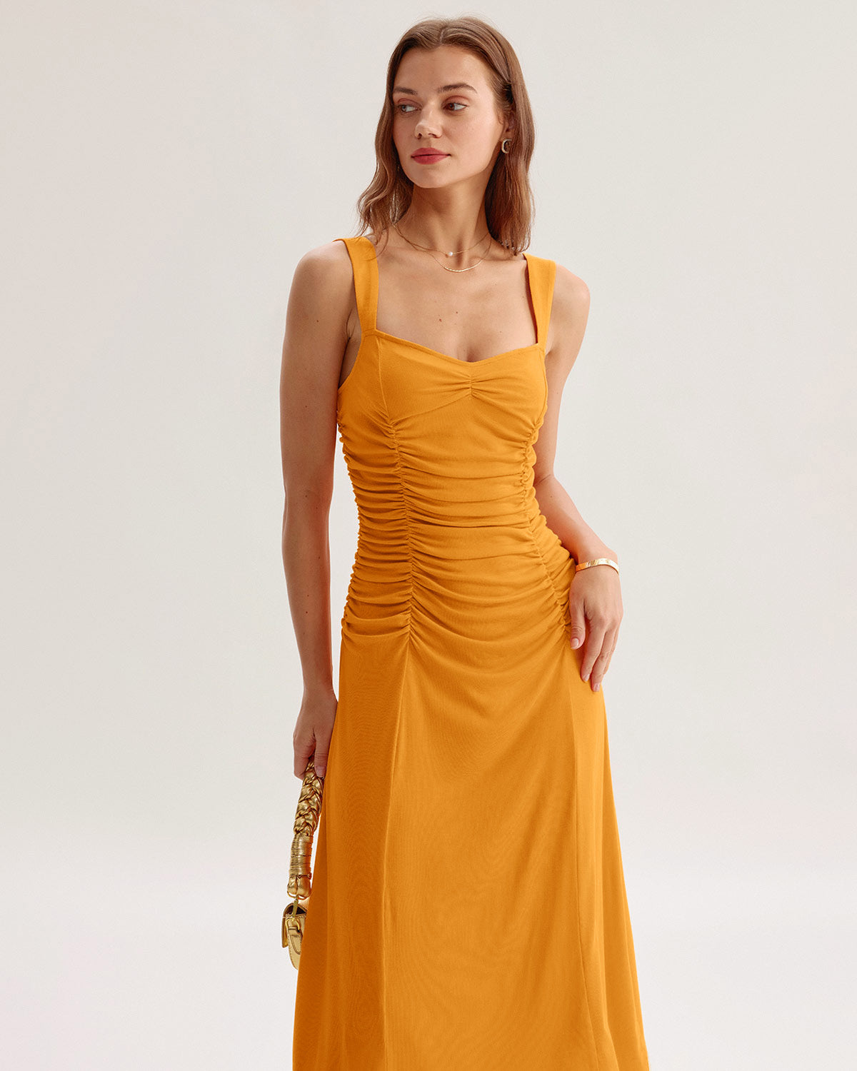 Orange Ruched Knitted Slip Midi Dress