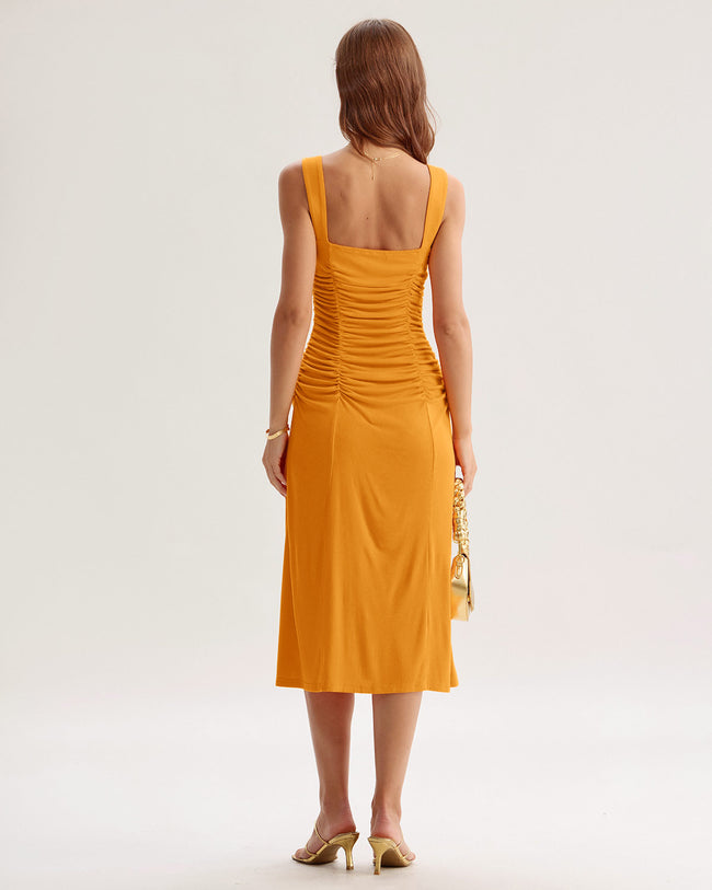 Orange Ruched Knitted Slip Midi Dress